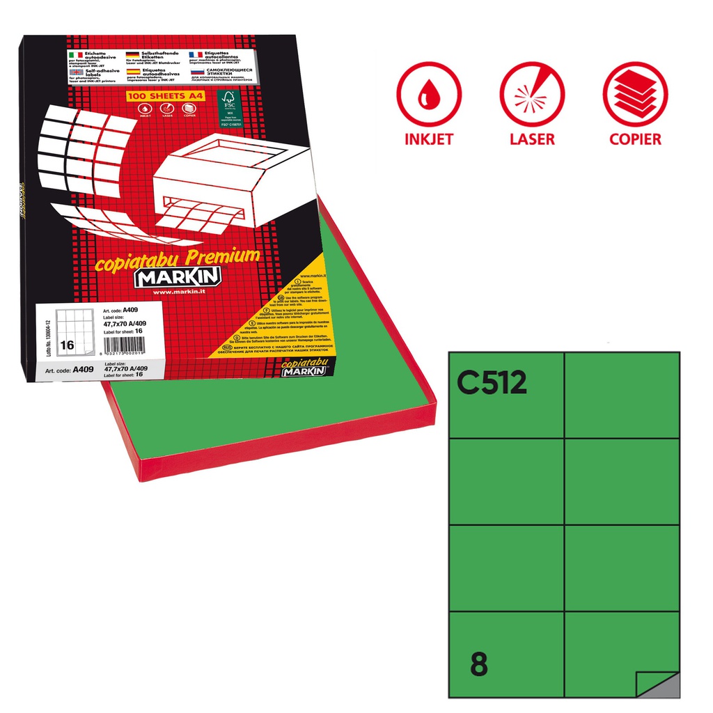Etichetta adesiva C/512 verde 100fg A4 105x74,25mm (8et/fg Markin