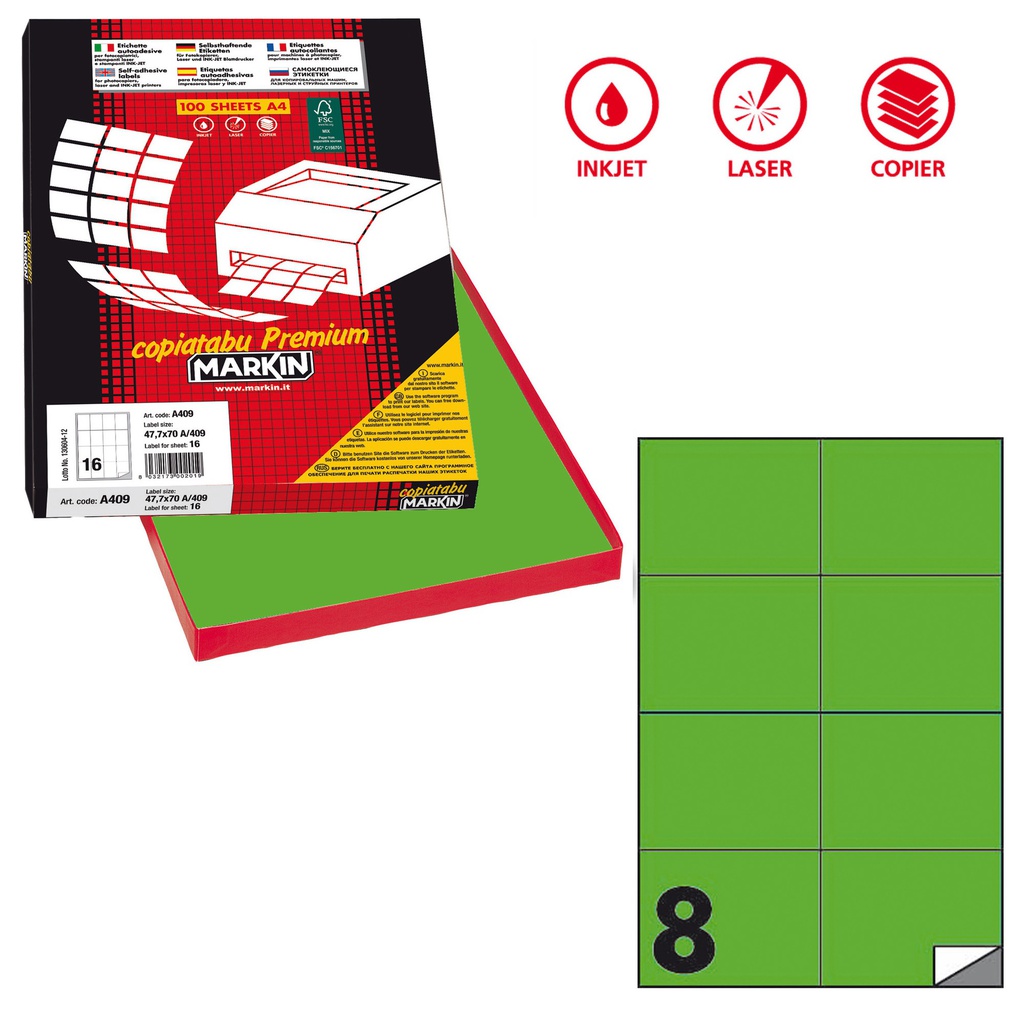 Etichetta adesiva C/512 verde fluo 100fg A4 105x74,25mm (8et/fg Markin