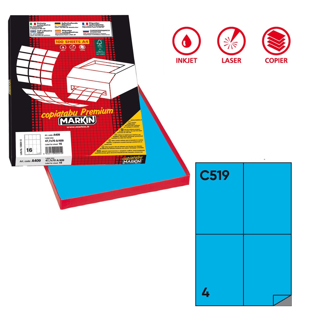 Etichetta adesiva C/519 blu 100fg A4 105x148,5mm (4et/fg Markin