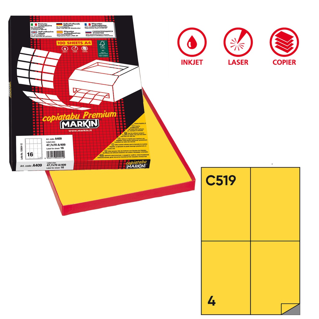 Etichetta adesiva C/519 giallo 100fg A4 105x148,5mm (4et/fg Markin