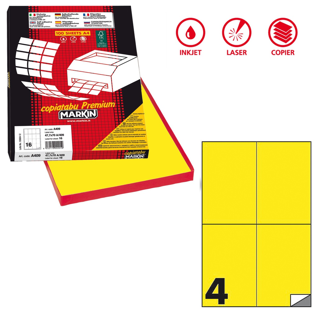 Etichetta adesiva C/519 giallo fluo 100fg A4 105x148,5mm (4et/fg Markin