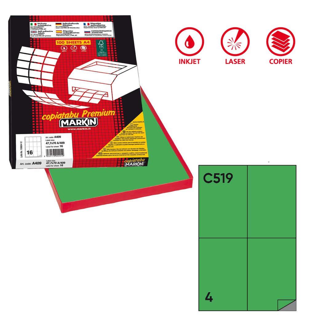 Etichetta adesiva C/519 verde 100fg A4 105x148,5mm (4et/fg Markin