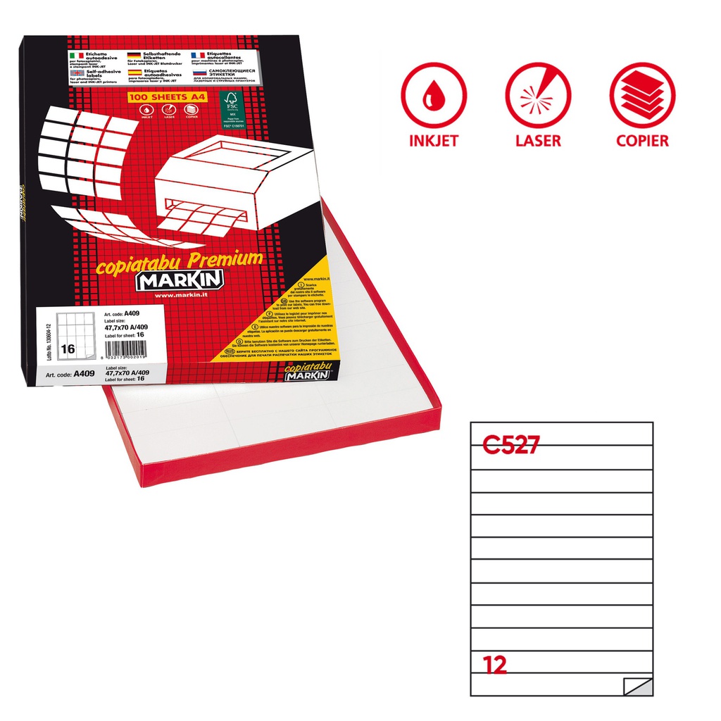 Etichetta adesiva C/527 bianca 100fg A4 210x24,75mm (12et/fg Markin