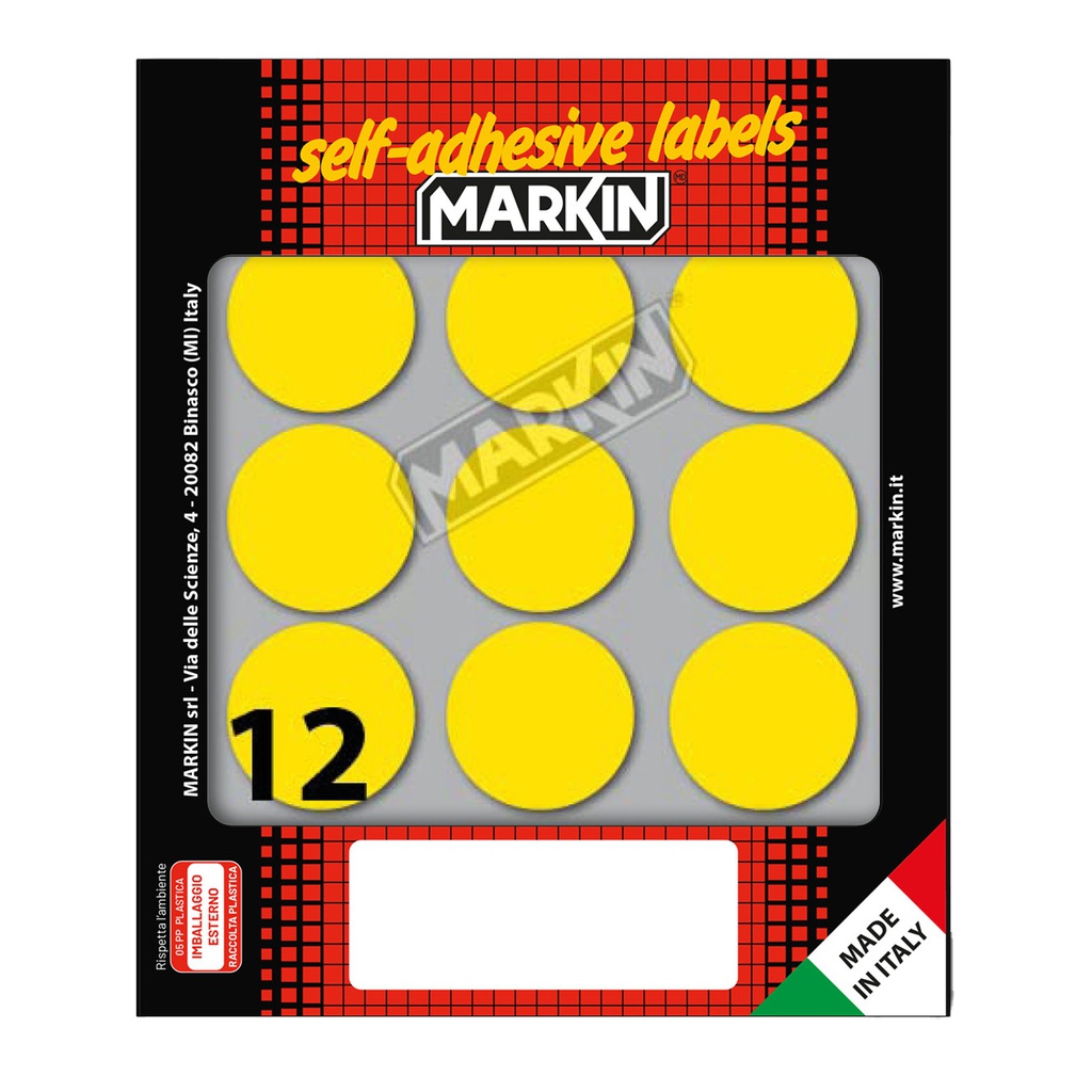 Etichetta adesiva giallo tonda D34mm (10fogli x 12etichette Markin