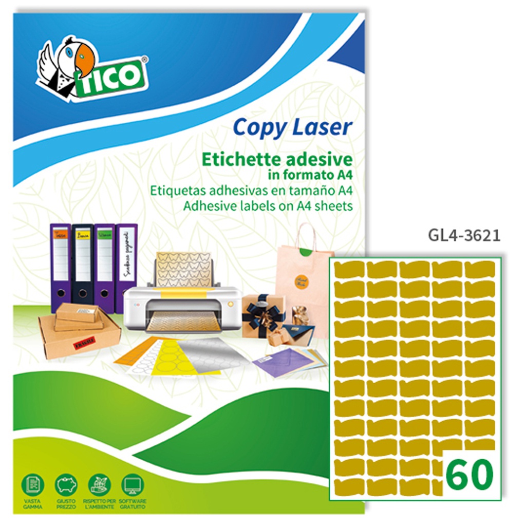 Etichetta adesiva GL4 ovale oro satinata 100fg A4 36x21mm (60et/fg Tico