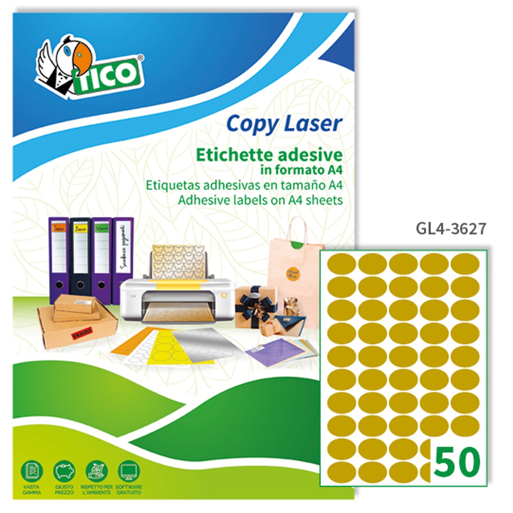 Etichetta adesiva GL4 ovale oro satinata 100fg A4 36x27mm (50et/fg Tico