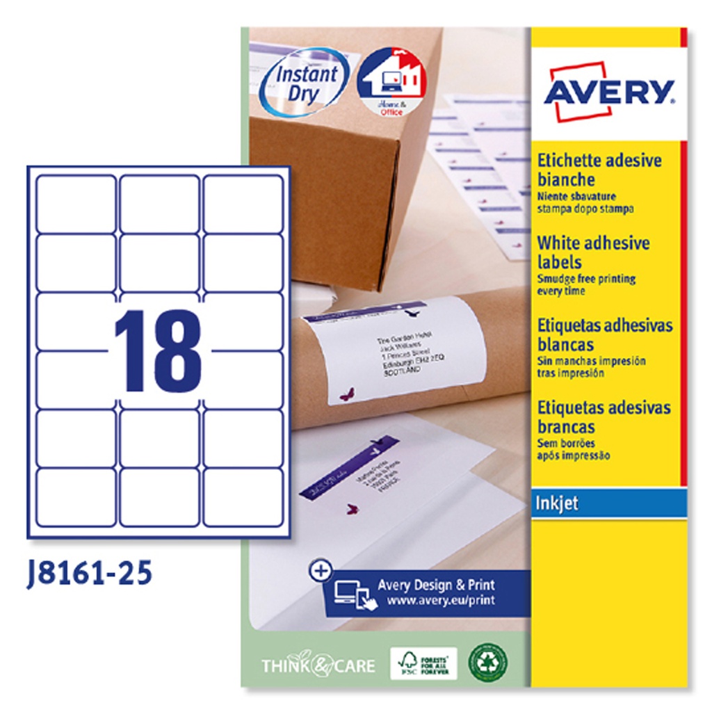 Etichetta adesiva J8161 bianca 25fg A4 63,5x46,6 (18et/fg inkjet Avery