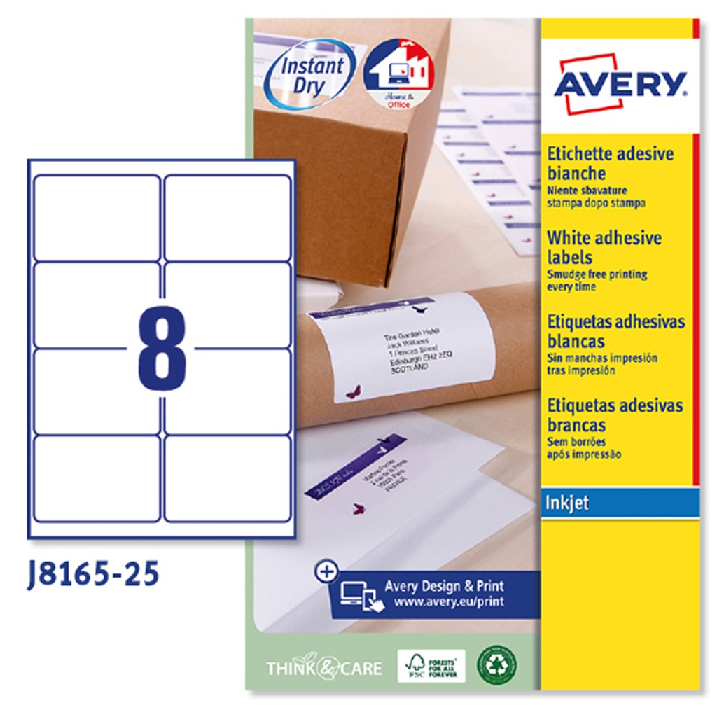 Etichetta adesiva J8165 bianca 25fg A4 99,1x67,7mm (8et/fg inkjet Avery