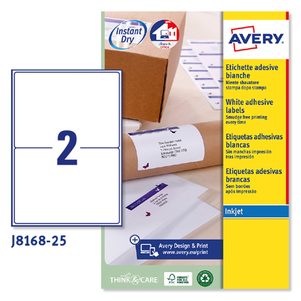 Etichetta adesiva J8168 bianca 25fg A4 199,6x143,5mm (2et/fg inkjet Avery