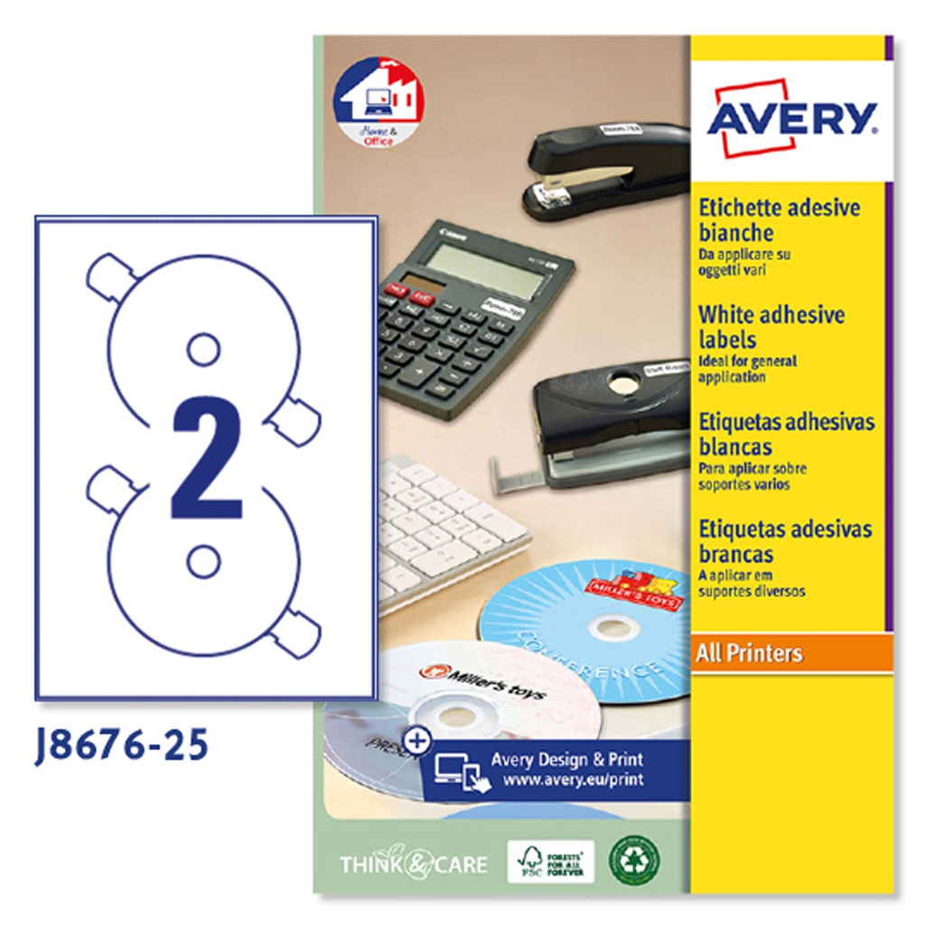 Etichetta adesiva J8676 bianca opaca CD/DVD 25fg A4 D117mm (2et/fg inkjet