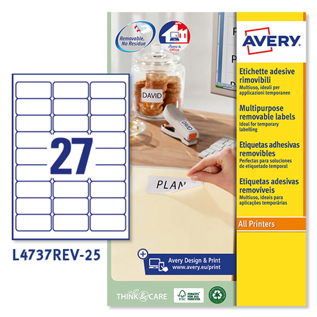 Etichetta adesiva L4737REV bianca rimovibili 25fg A4 63,5x29,6mm (27et/f laser