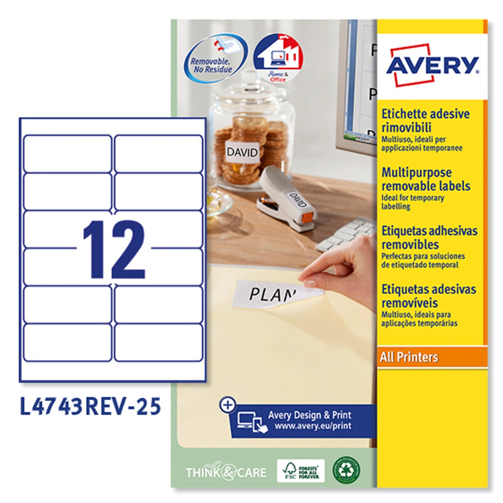 Etichetta adesiva L4743REV bianca rimovibili 25fg A4 99,1x42,3mm (12et/fg laser