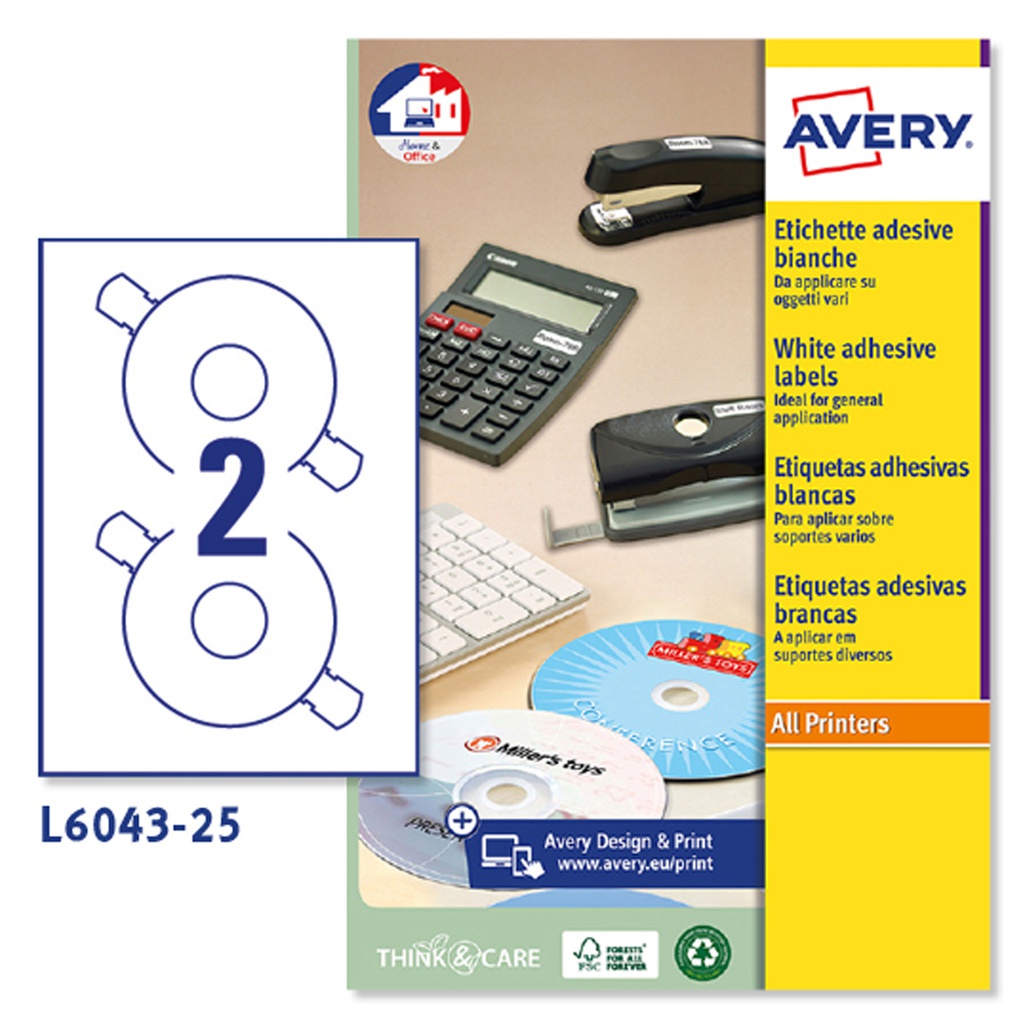 Etichetta adesiva L6043 bianca CD/DVD 25fg A4 D117 foroD41mm (2et/fg laser