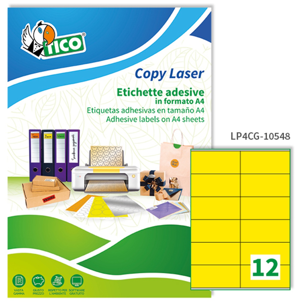 Etichetta adesiva LP4C giallo opaco 70fg A4 105x48mm (12et/fg Tico