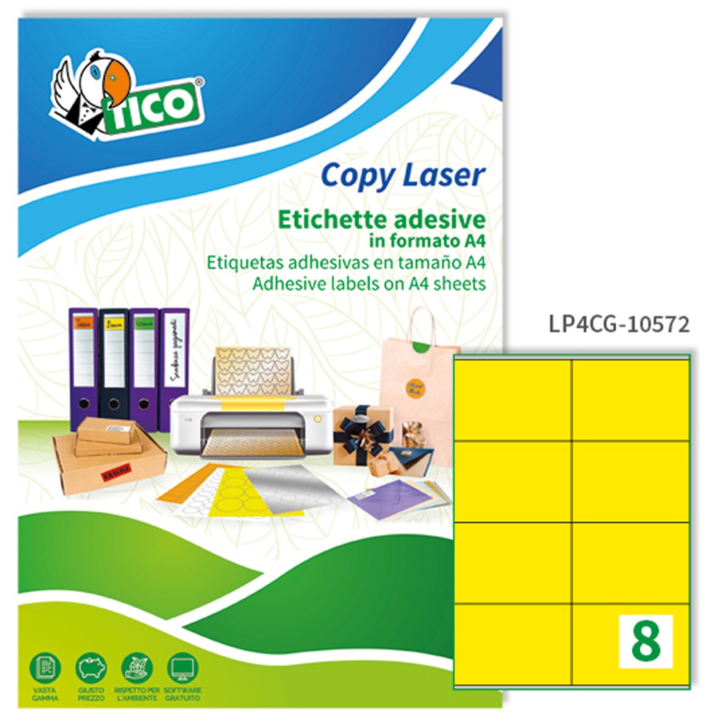 Etichetta adesiva LP4C giallo opaco 70fg A4 105x72mm (8et/fg Tico