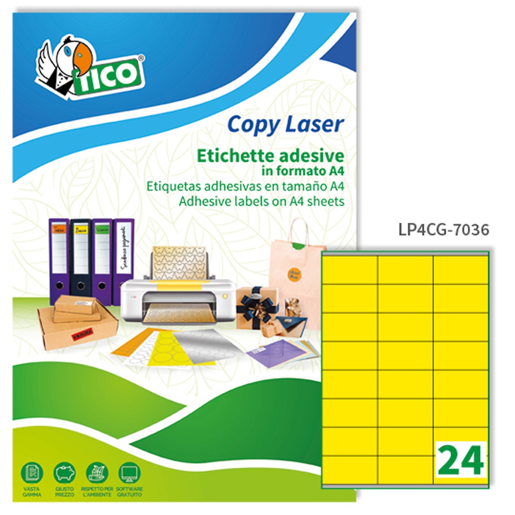 Etichetta adesiva LP4C giallo opaco 70fg A4 70x36mm (24et/fg Tico