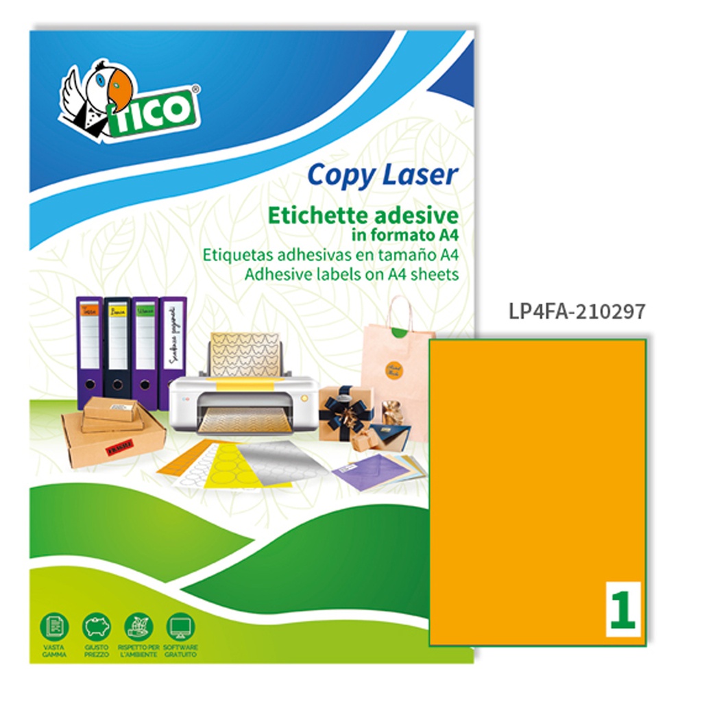 Etichetta adesiva LP4F arancio fluo 70fg A4 210x297mm (1et/fg Tico