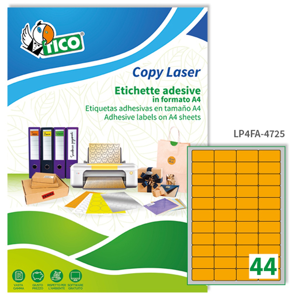 Etichetta adesiva LP4F arancio fluo 70fg A4 47,5x25,5mm (44et/fg Tico