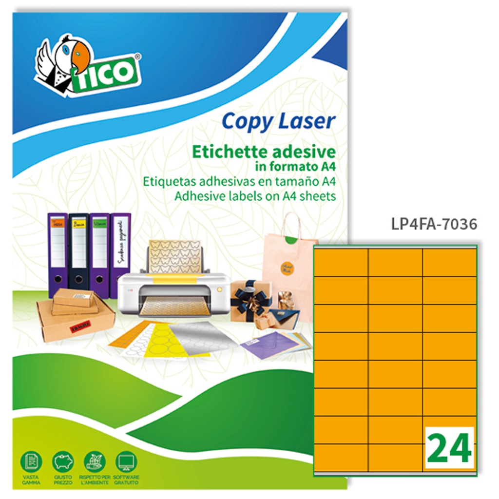 Etichetta adesiva LP4F arancio fluo 70fg A4 70x36mm (24et/fg Tico