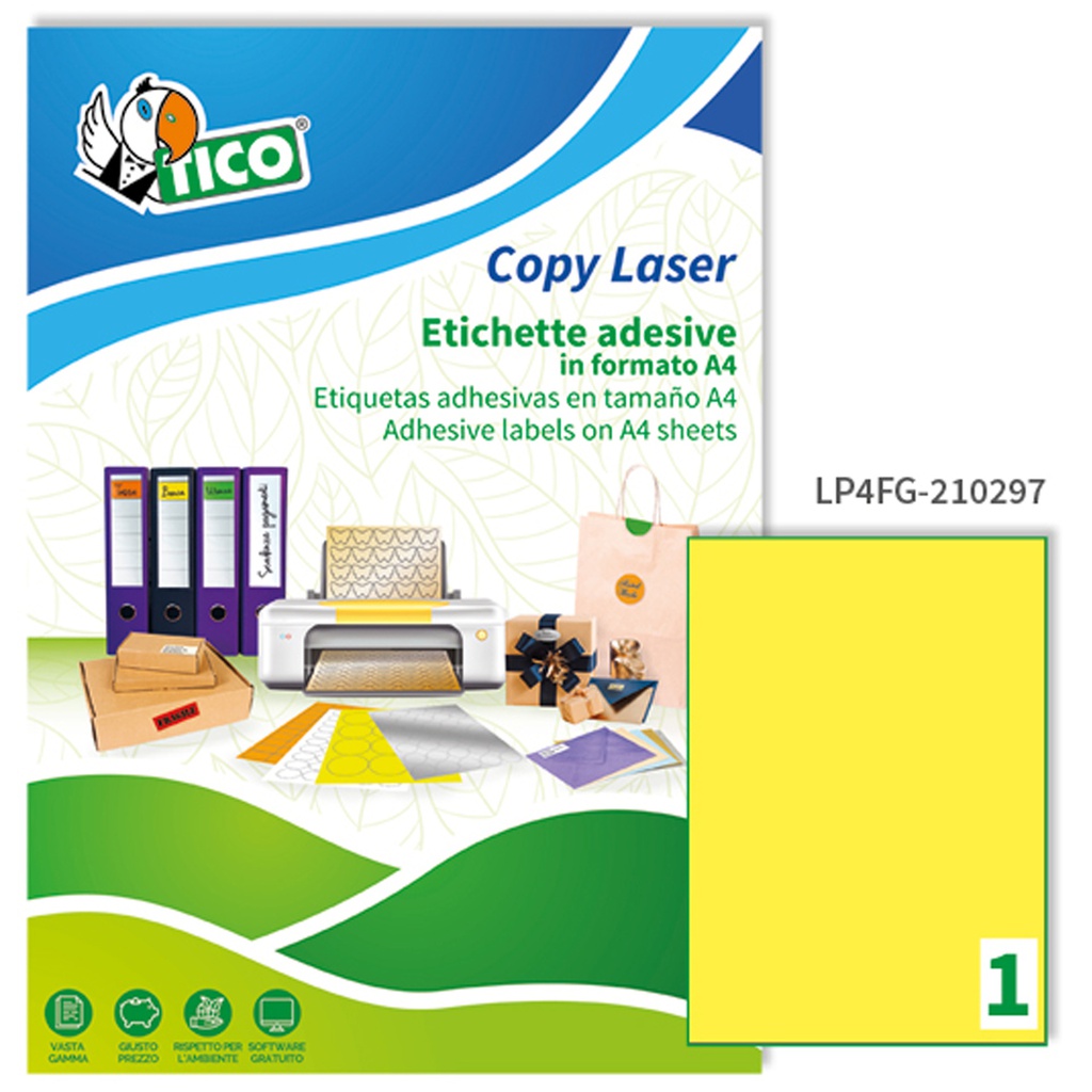 Etichetta adesiva LP4F giallo fluo 70fg A4 210x297mm (1et/fg Tico
