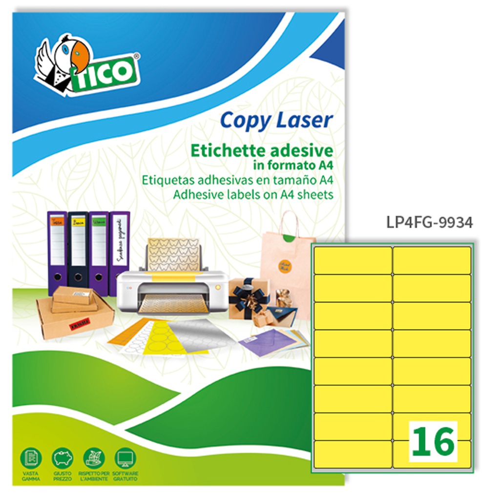 Etichetta adesiva LP4F giallo fluo 70fg A4 99,1x34mm (16et/fg Tico