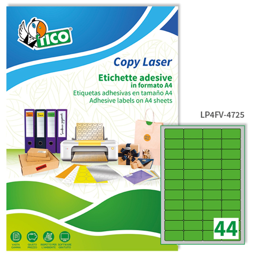 Etichetta adesiva LP4F verde fluo 70fg A4 47,5x25,5mm (44et/fg Tico