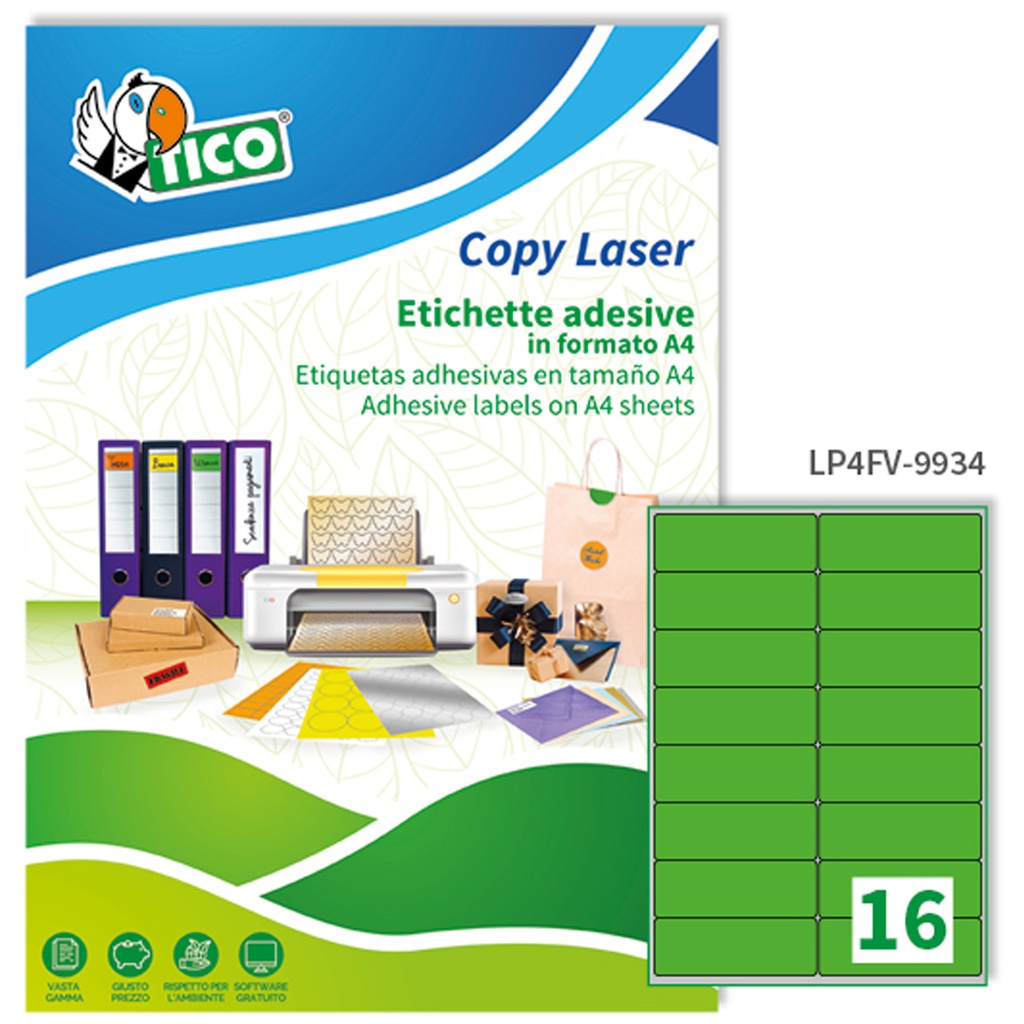 Etichetta adesiva LP4F verde fluo 70fg A4 99,1x34mm (16et/fg Tico