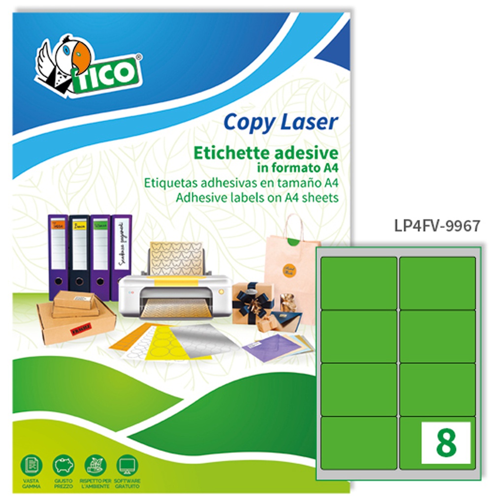 Etichetta adesiva LP4F verde fluo 70fg A4 99,1x67.7mm (8et/fg Tico