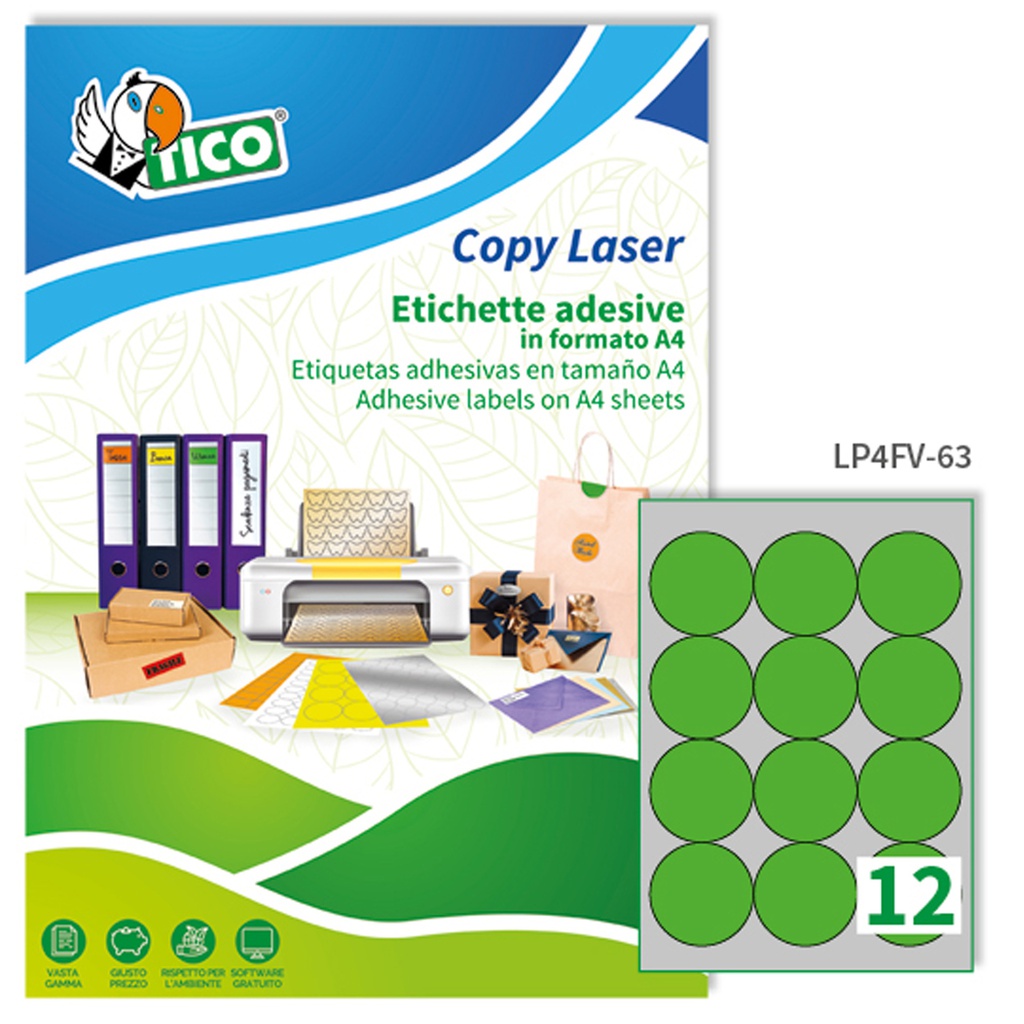 Etichetta adesiva LP4F verde fluo 70fg A4 tonda D63,5mm (12et/fg Tico