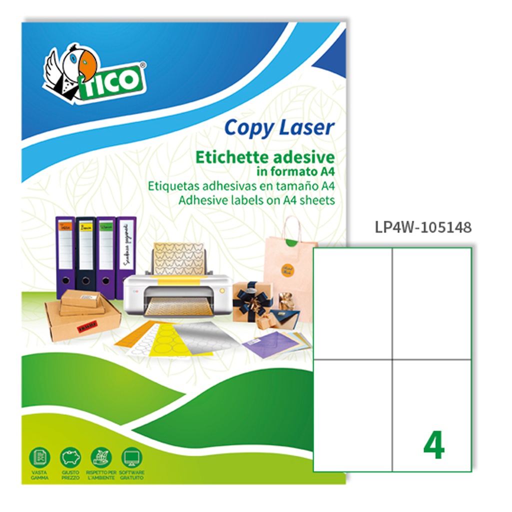 Etichetta adesiva LP4W bianca 100fg A4 105x148mm (4et/fg Laser Tico