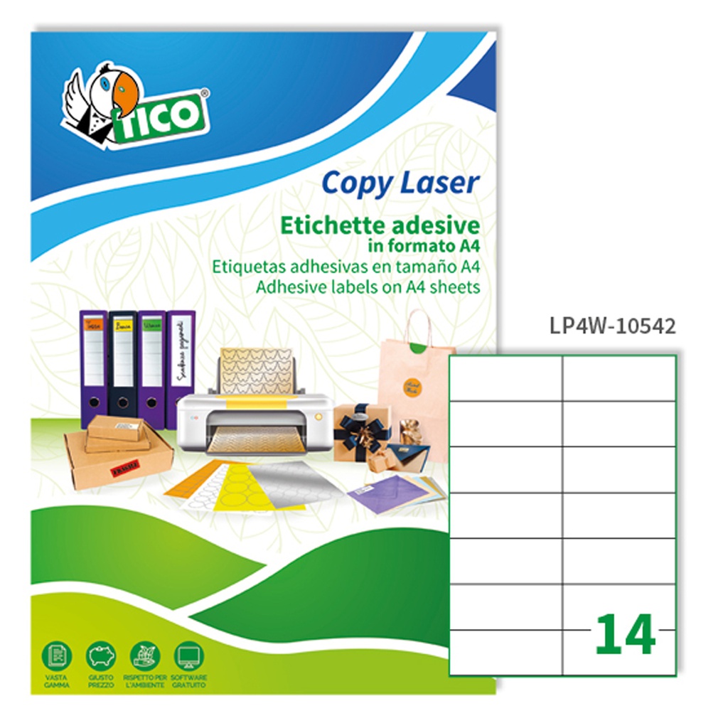 Etichetta adesiva LP4W bianca 100fg A4 105x42,3mm (14et/fg Laser Tico