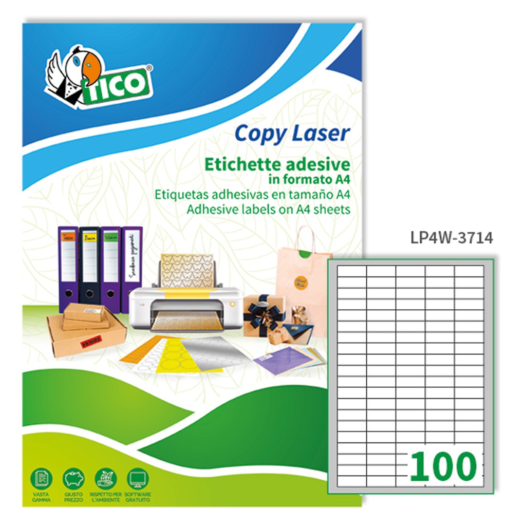 Etichetta adesiva LP4W bianca 100fg A4 37x14mm (100et/fg Laser Tico