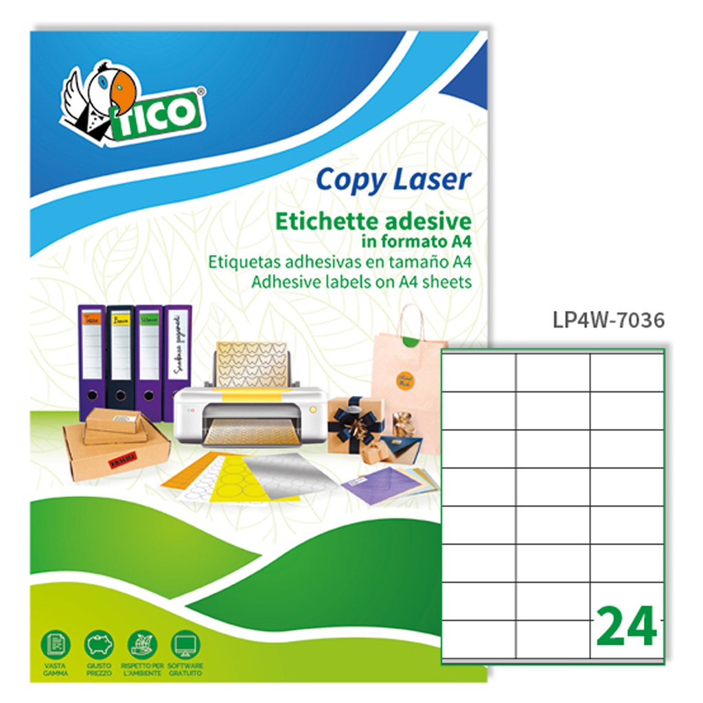 Etichetta adesiva LP4W bianca 100fg A4 70x36mm (24et/fg Laser Tico