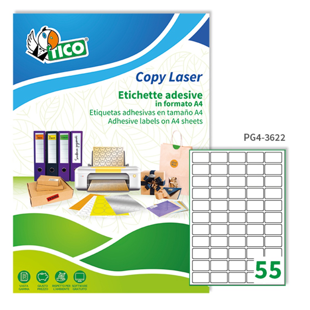 Etichetta adesiva PG4 bianca lucida 100fg A4 36x22mm (55et/fg Tico