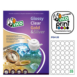 Etichetta adesiva PG4 bianca lucida 100fg A4 tonda D36 (35et/fg Tico
