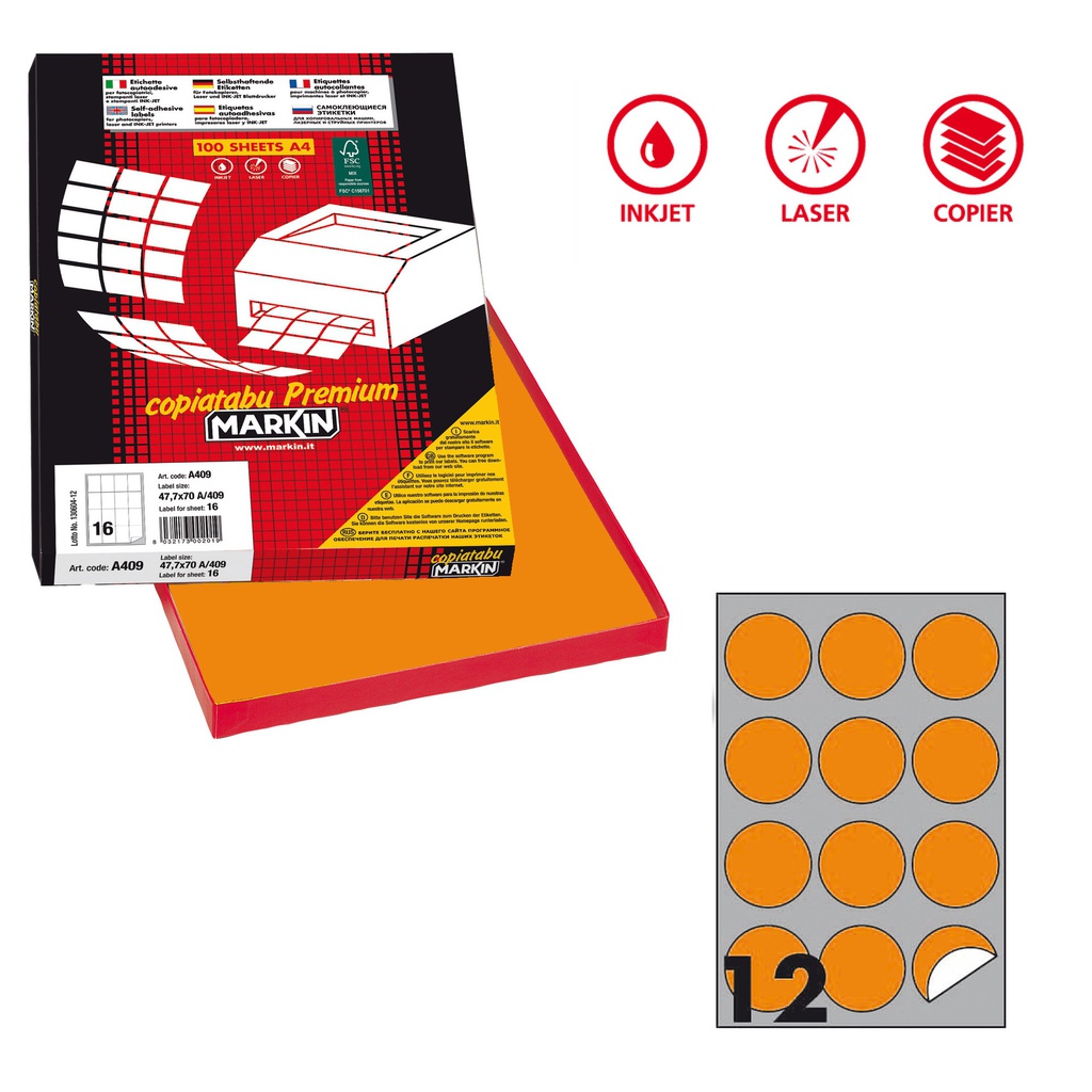 Etichetta adesiva R/310 arancio fluo 100fg A4 tonda D60mm (12et/fg Markin