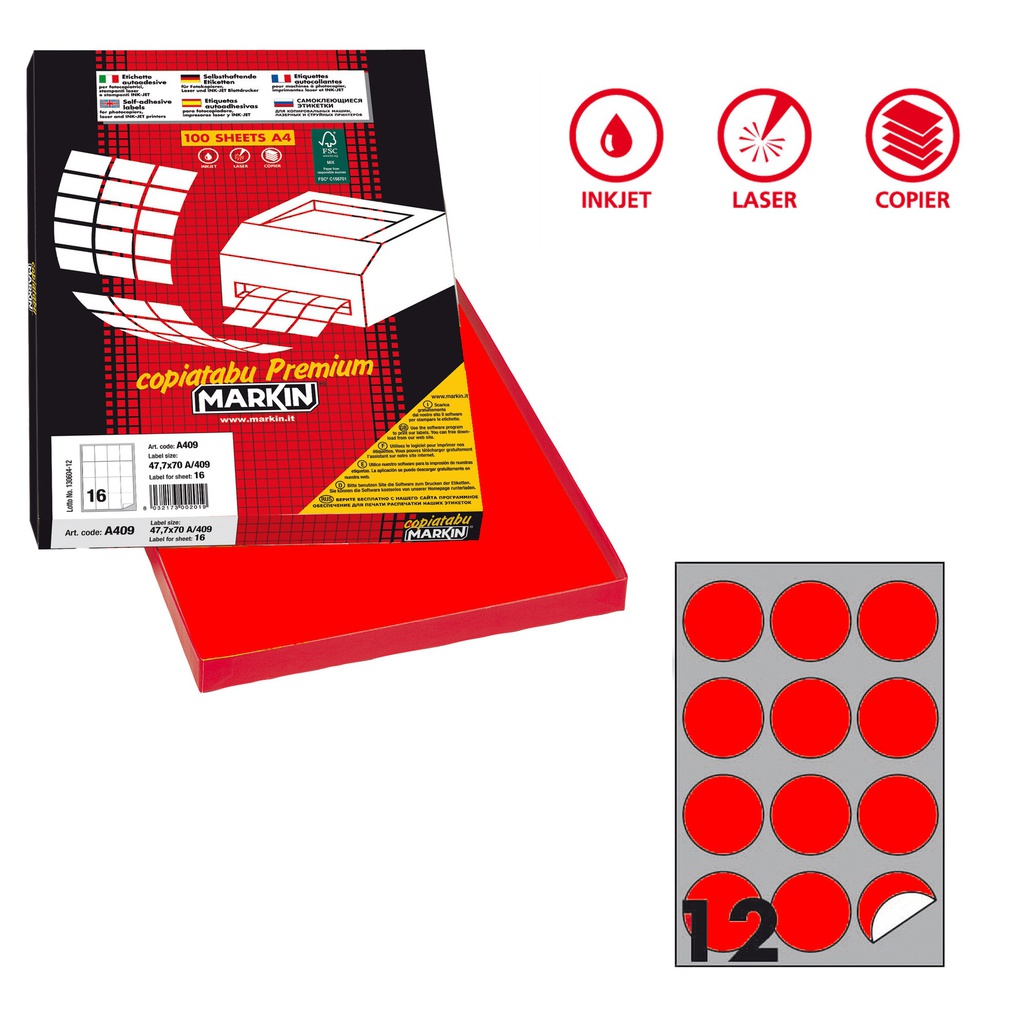 Etichetta adesiva R/310 rosso fluo 100fg A4 tonda D60mm (12et/fg Markin