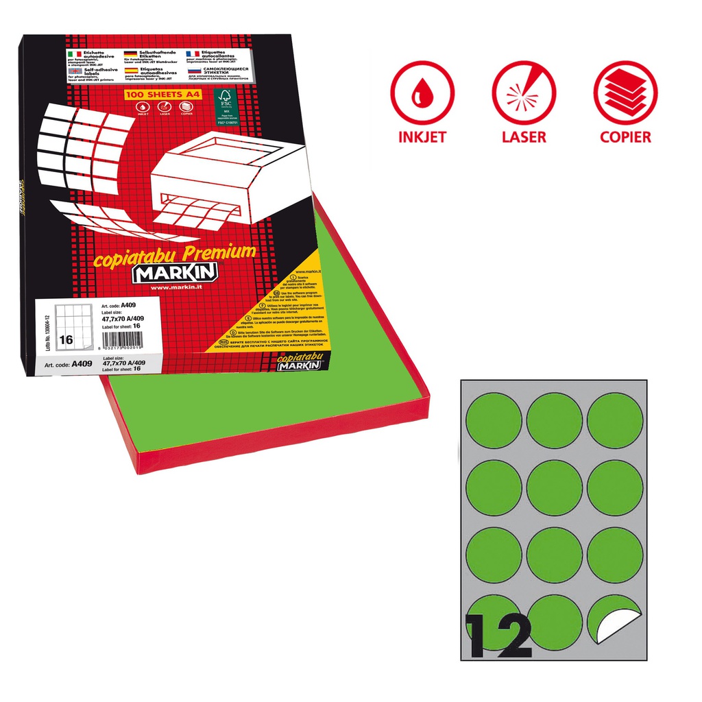 Etichetta adesiva R/310 verde fluo 100fg A4 tonda D60mm (12et/fg Markin