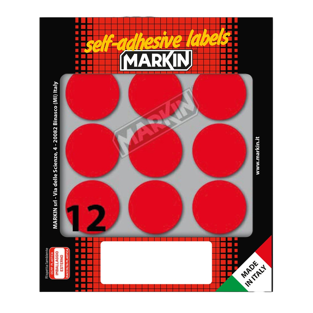 Etichetta adesiva rosso tonda D34mm (10fogli x 12etichette Markin