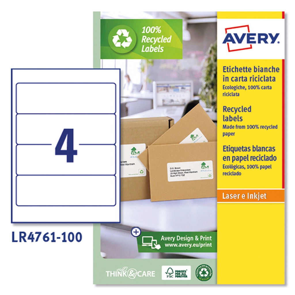 Etichette carta riciclata bianca per raccoglitori-61x192mm - 4et/fg Laser Avery