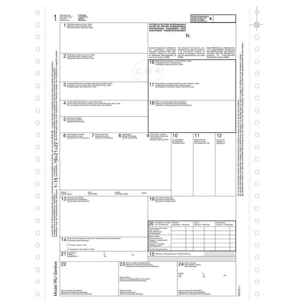 Lettera vettura internaz.CMR MC 5cop. autor. modulo cont.12''x24cm Data Ufficio