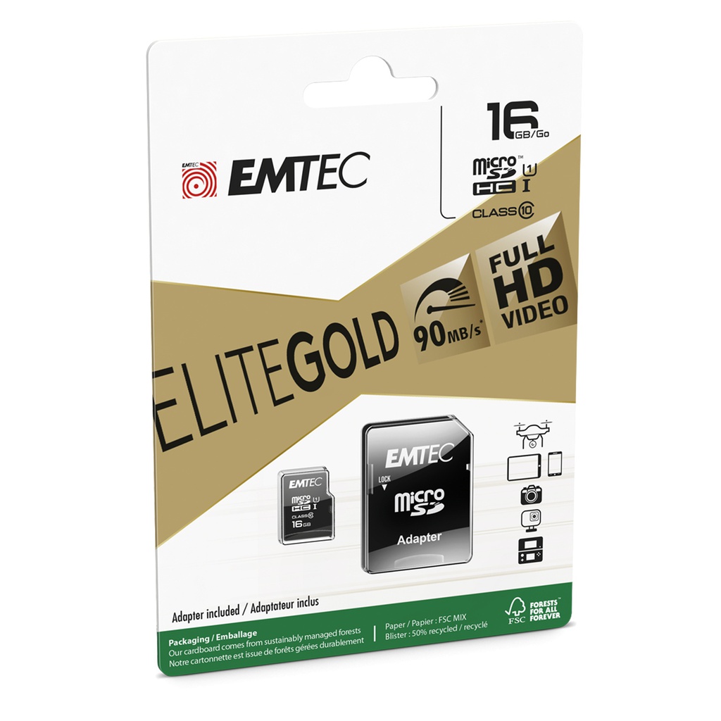 MICRO SDHC EMTEC 16GB CLASS 10 GOLD PLUS CON ADATTATORE