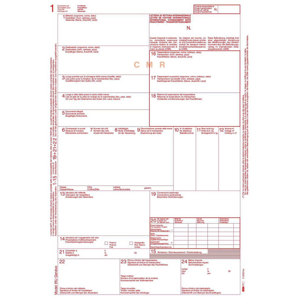 MODELLO CMR LETTERA VETTURA INTERNAZ. 5COPIE autoric 12''x24CM 100FG E0052BIS