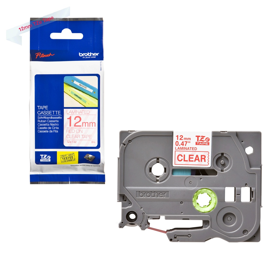 NASTRO BROTHER TZE-132 12MMx8MT ROSSO/TRASPARENTE
