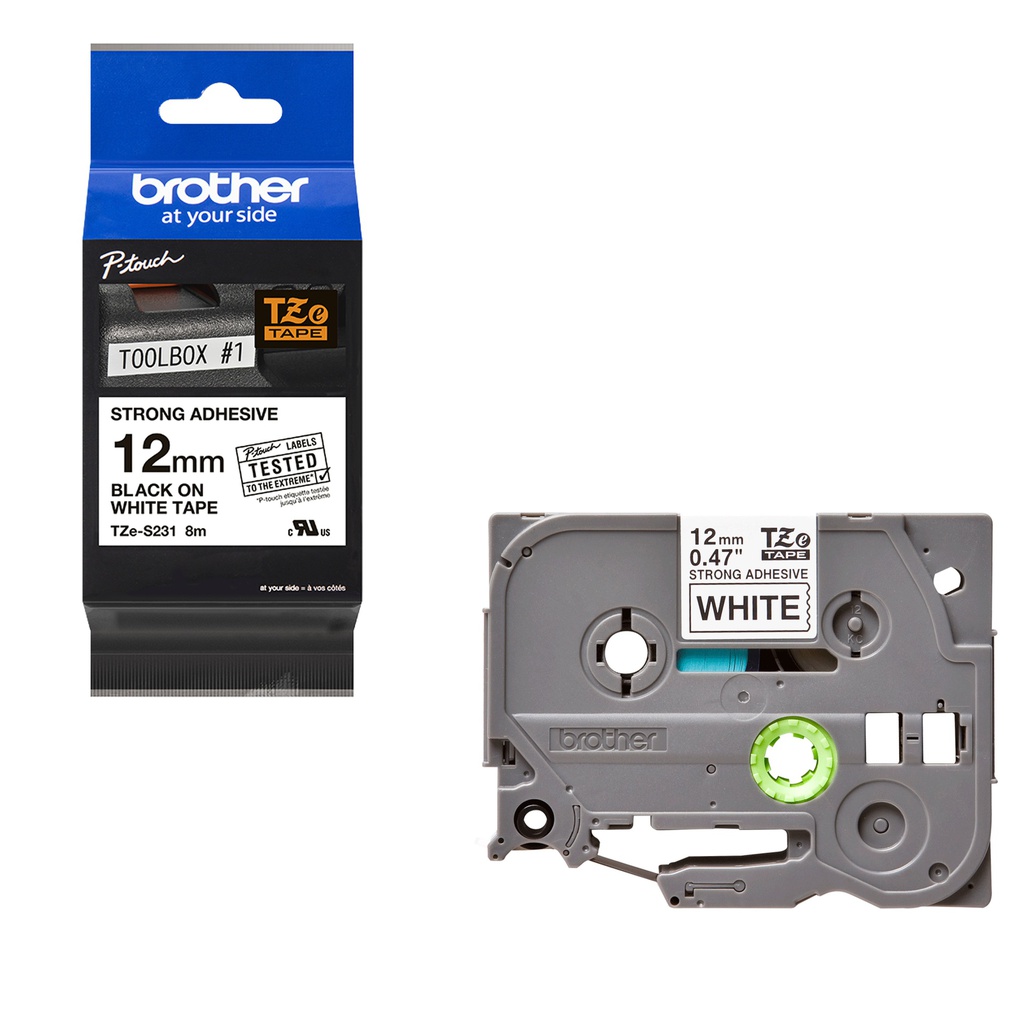 NASTRO BROTHER TZe S231 12MMx8MT NERO/BIANCO LAMINATO CON ADESIVO RESISTENTE
