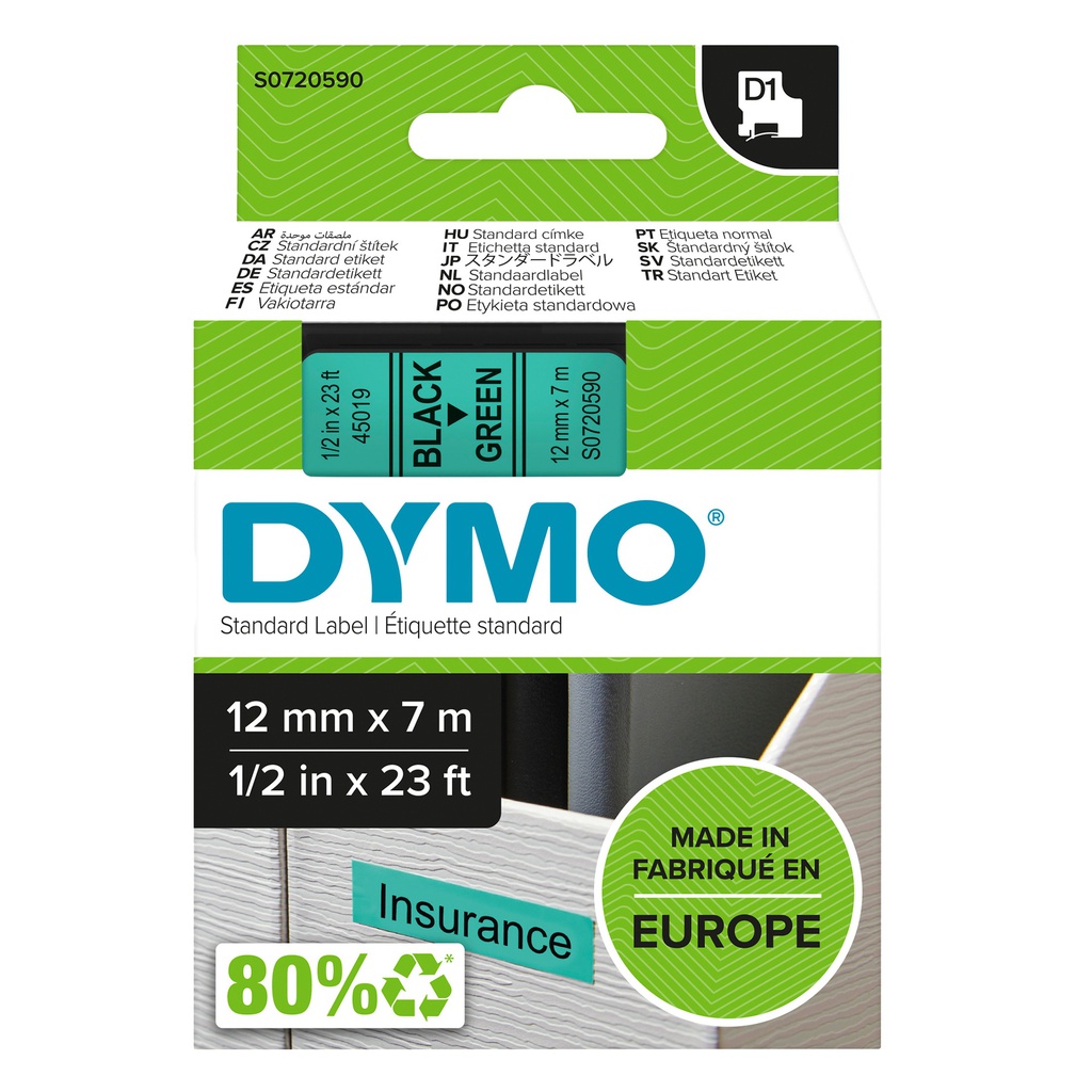 NASTRO DYMO TIPO D1 (12MMX7M NERO/VERDE 450190