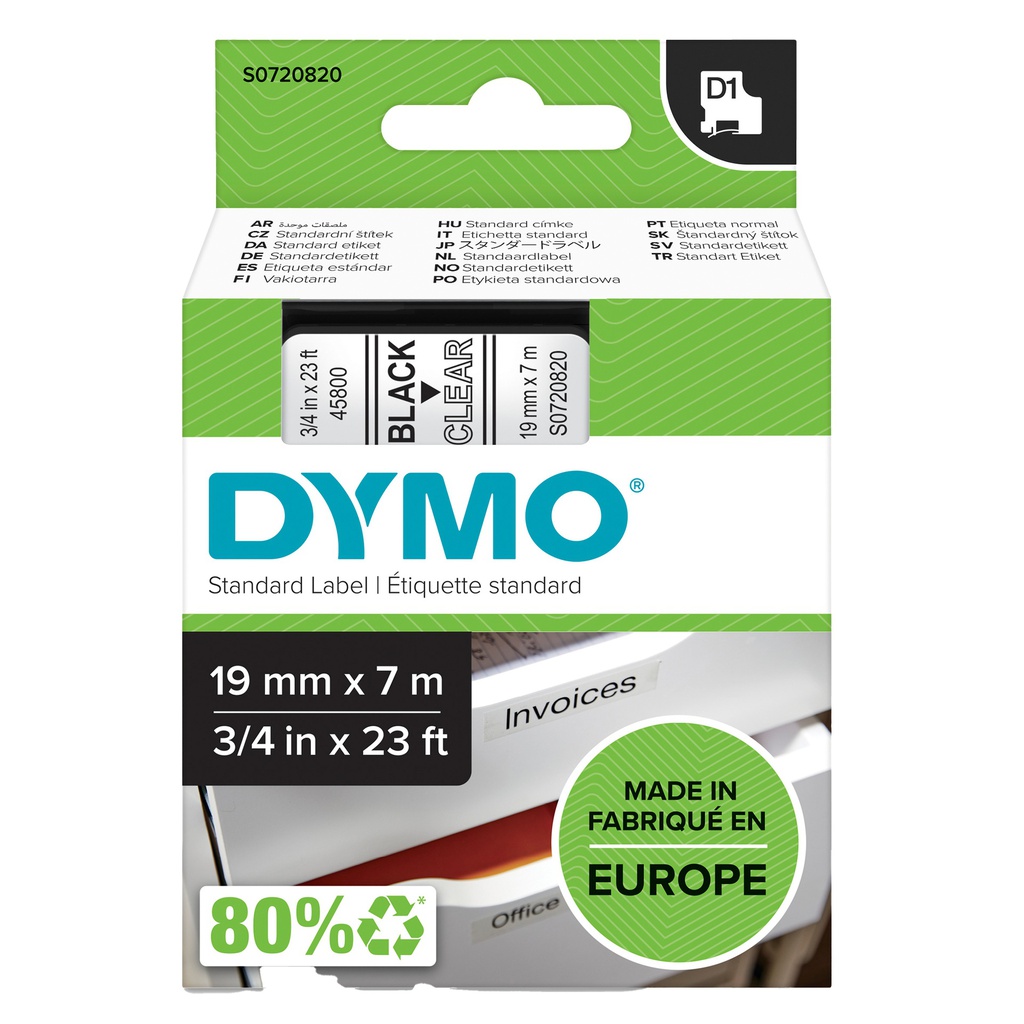 NASTRO DYMO TIPO D1 (19MMX7MT NERO/TRASPARENTE 458000