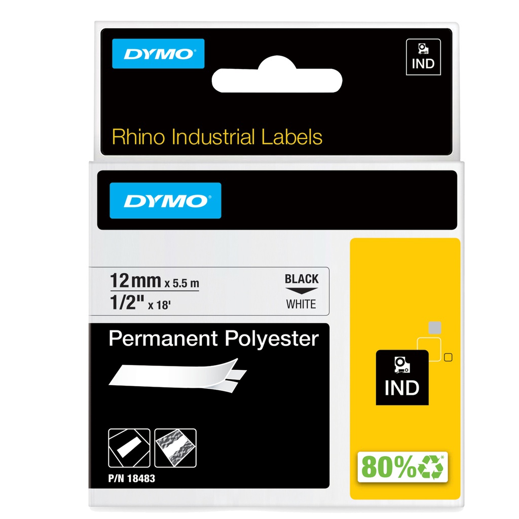 NASTRO POLIESTERE PERMANENTE 12mm x 5.5mt nero su bianco 18483 RHINO