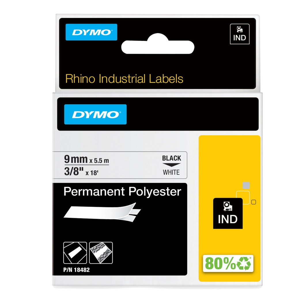 NASTRO POLIESTERE PERMANENTE 9mm x 5.5mt nero su bianco 18482 RHINO