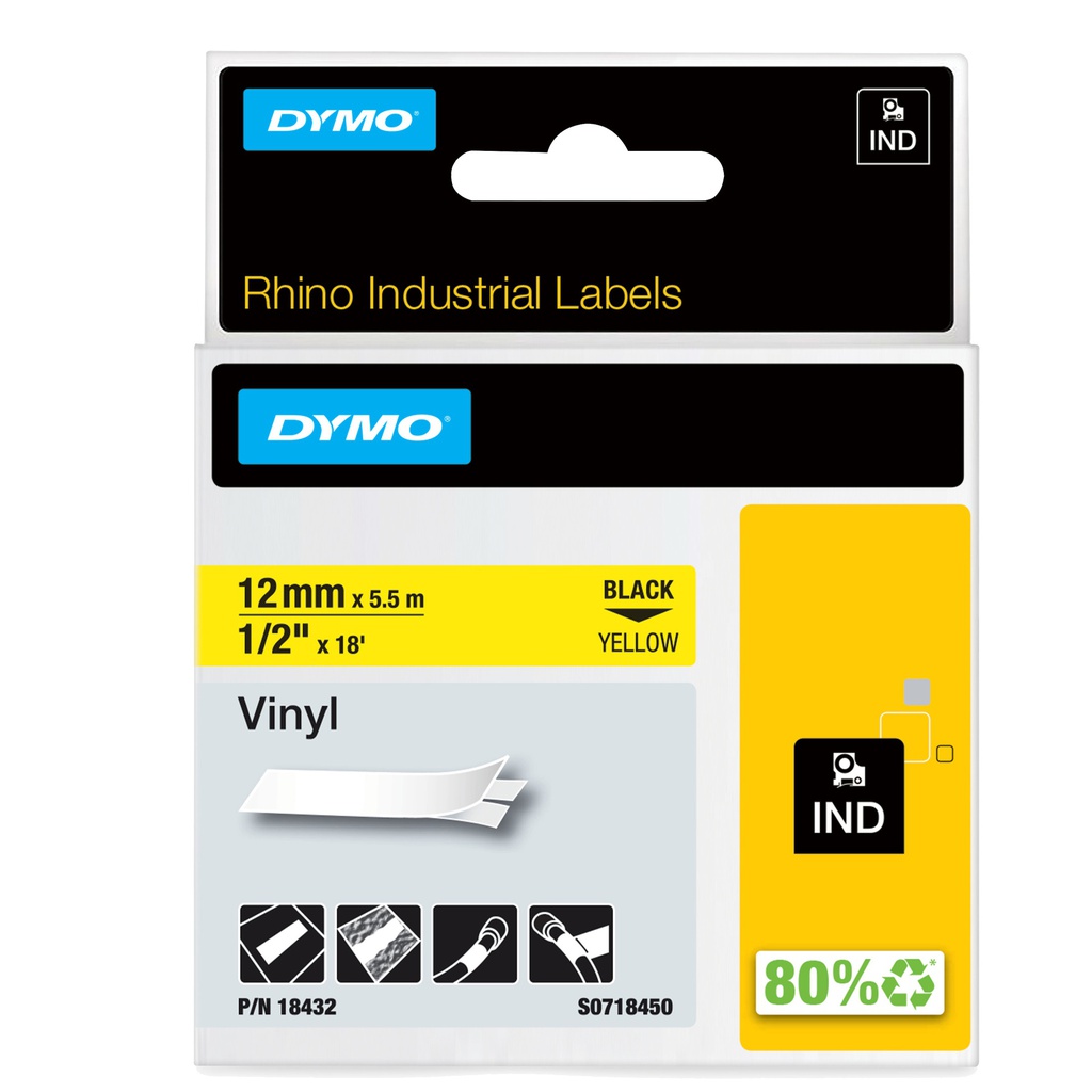 NASTRO VINILE 12mm x 5.5mt nero su giallo 18432 RHINO